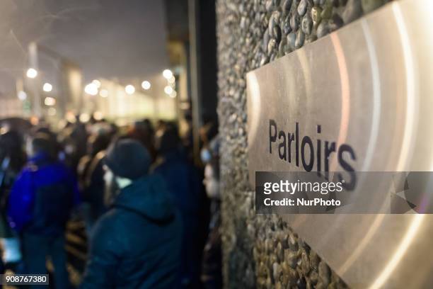Protesters gather during a demonstration by prison guards where they blocked access to Fleury Merogis prison in France on January 22, 2018 during a...