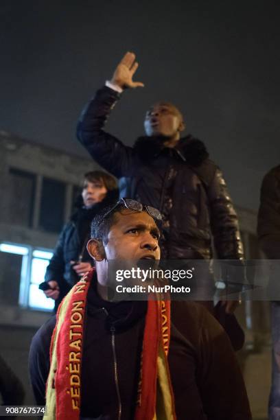 Protesters gather during a demonstration by prison guards where they blocked access to Fleury Merogis prison in France on January 22, 2018 during a...