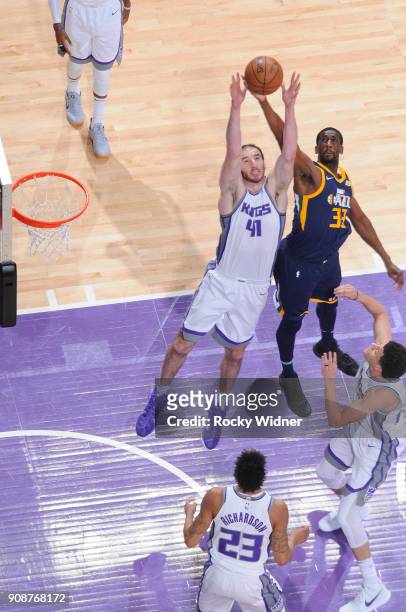Kosta Koufos of the Sacramento Kings rebounds against Ekpe Udoh of the Utah Jazz on January 17, 2018 at Golden 1 Center in Sacramento, California....