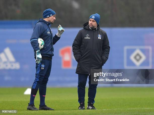 Bernd Hollerbach, new head coach of Hamburger SV looks on during a training session of Hamburger SV at Volksparkstadion on January 22, 2018 in...