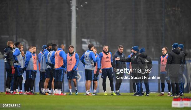 Bernd Hollerbach, new head coach of Hamburger SV talks to his players during a training session of Hamburger SV at Volksparkstadion on January 22,...