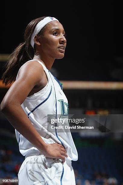 Candice Wiggins of the Minnesota Lynx stands on the court during the game against the Detroit Shock on September 9, 2009 at the Target Center in...