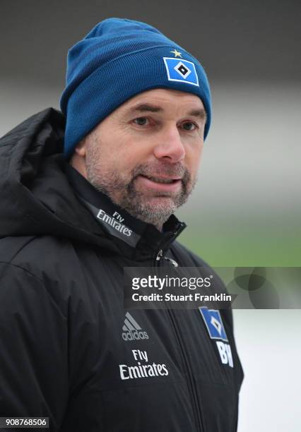 Bernd Hollerbach, new head coach of Hamburger SV looks on during a training session of Hamburger SV at Volksparkstadion on January 22, 2018 in...