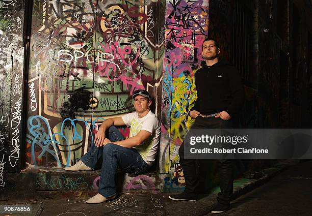Lee Holdsworth and Michael Caruso drivers for the Garry Rogers Motorsport V8 Supercar Team pose during a portrait session held at Hosier Lane on...