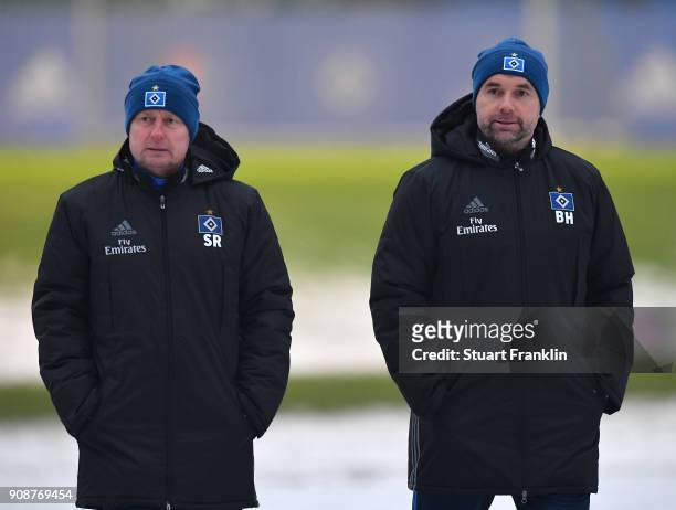 Bernd Hollerbach, new head coach of Hamburger SV walks with his assistant Steffen Rau during a training session of Hamburger SV at Volksparkstadion...