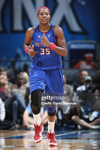 Cheryl Ford of the Detroit Shock runs down the court during the game against the Minnesota Lynx on September 9, 2009 at the Target Center in...