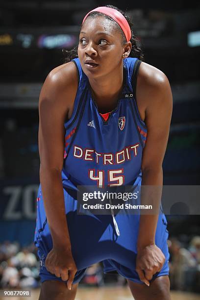 Kara Braxton of the Detroit Shock rests for a moment during the game against the Minnesota Lynx on September 9, 2009 at the Target Center in...
