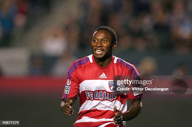 Jeff Cunningham of FC Dallas reacts after scoring in the first half against the Los Angeles Galaxy during the MLS match at The Home Depot Center on...