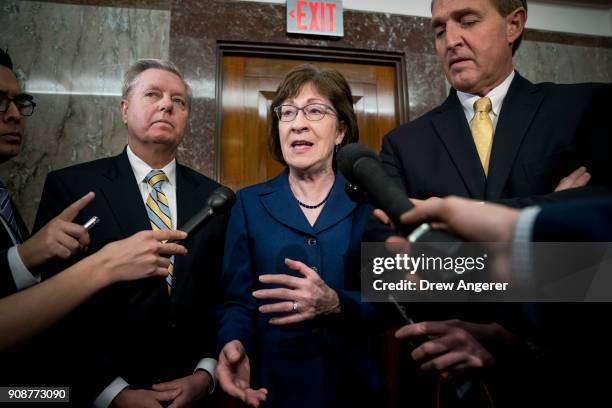 Sen. Lindsey Graham , Sen. Susan Collins and Sen. Jeff Flake talk to reporters after a meeting with a bipartisan group of moderate Senators in...