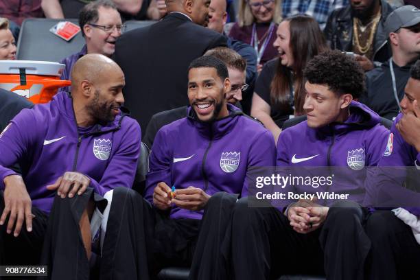 Vince Carter, Garrett Temple and Justin Jackson of the Sacramento Kings look on during the game against the Utah Jazz on January 17, 2018 at Golden 1...