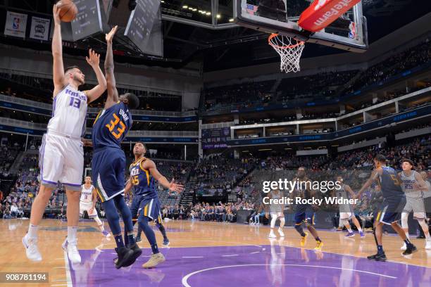 George Papagiannis of the Sacramento Kings shoots against Ekpe Udoh of the Utah Jazz on January 17, 2018 at Golden 1 Center in Sacramento,...