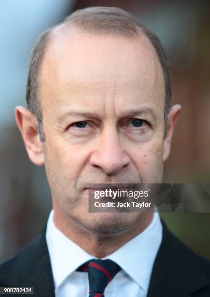 Leader Henry Bolton addresses the assembled media outside the Grand Hotel on January 22, 2018 in Folkestone, England. Mr Bolton yesterday lost a vote...