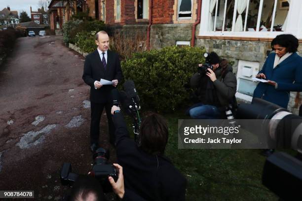 Leader Henry Bolton addresses the assembled media outside the Grand Hotel on January 22, 2018 in Folkestone, England. Mr Bolton yesterday lost a vote...