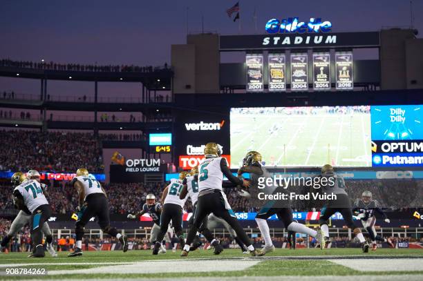 Playoffs: Rear view of Jacksonville Jaguars QB Blake Bortles in action, handing off to T.J. Yeldon vs New England Patriots at Gillette Stadium....