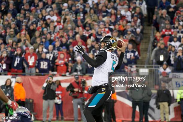 Playoffs: Jacksonville Jaguars QB Blake Bortles in action, passing vs New England Patriots at Gillette Stadium. Foxborough, MA 1/21/2018 CREDIT: Fred...