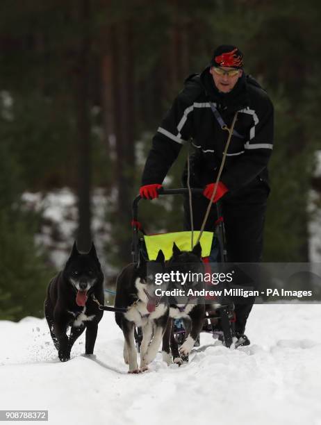 Musher Darren Lafevre races his huskies during a training session at Feshiebridge ahead of the The Siberian Husky Club of Great Britain's 35th...