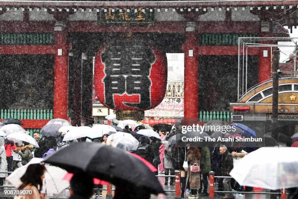 Visitors walk in the snow at Sensoji Temple on January 22, 2018 in Tokyo, Japan. The Japan Meteorological Agency is forecasting 20 cm of snow in the...