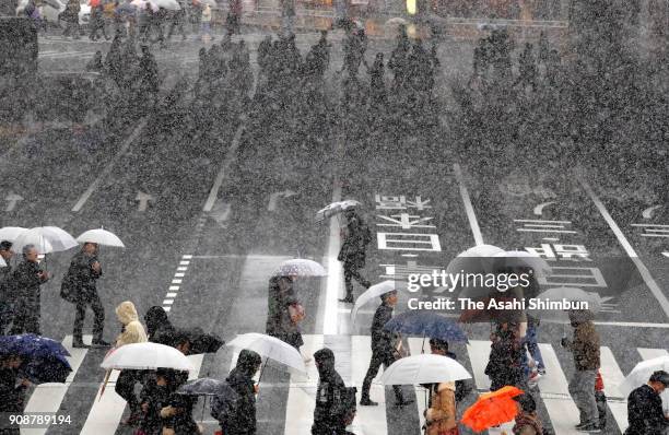 Pedestrians walk in front of Ueno Station on January 22, 2018 in Tokyo, Japan. The Japan Meteorological Agency is forecasting 20 cm of snow in the...