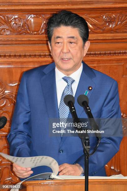 Prime Minister Shinzo Abe delivers a policy speech at the Lower House plenary session at the diet on January 22, 2018 in Tokyo, Japan. The LDP is...