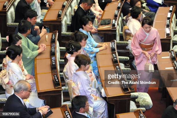 Female lawmakers wearing kimonos attend the opening ceremony of the 196th Ordinary Session of the Diet on January 22, 2018 in Tokyo, Japan. The LDP...