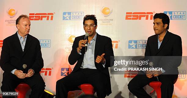 General Manager Commercial of International Cricket Council Campbell Jamieson and ESPN Star sports Commentator Sanjay Manjrekar listen to former...