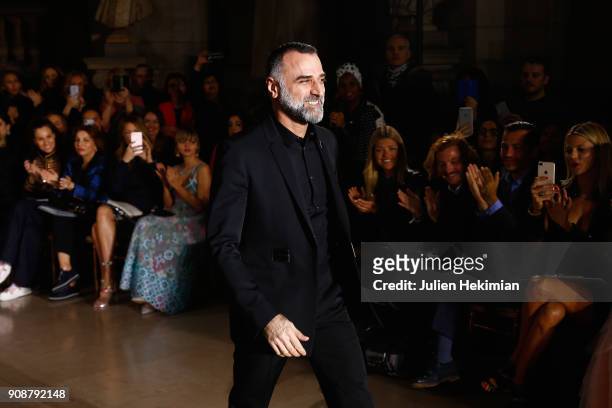 Designer Georges Hobeika arrives on the runway during the Georges Hobeika Spring Summer 2018 show as part of Paris Fashion Week on January 22, 2018...