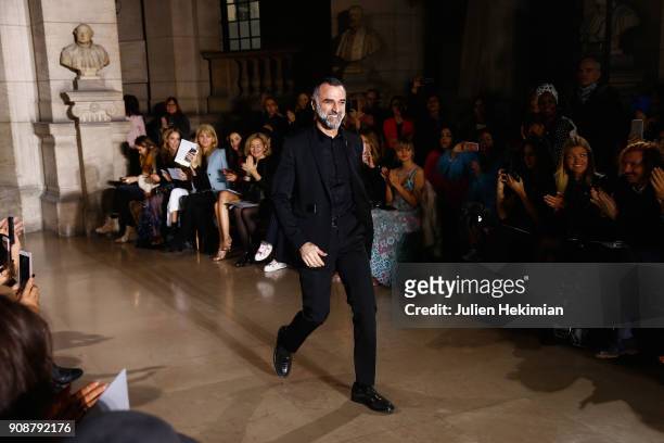 Designer Georges Hobeika arrives on the runway during the Georges Hobeika Spring Summer 2018 show as part of Paris Fashion Week on January 22, 2018...