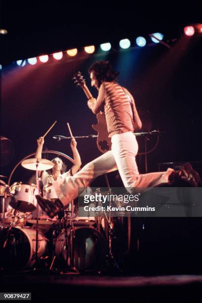 Drummer Keith Moon and guitarist Pete Townshend performing with English rock group The Who at Belle Vue, Manchester, October 1975.
