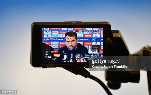 Bernd Hollerbach, new head coach of Hamburger SV talks to the media during a press conference of Hamburger SV at Volksparkstadion on January 22, 2018...