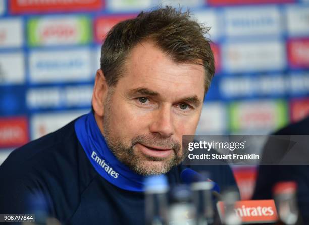 Bernd Hollerbach, new head coach of Hamburger SV talks to the media during a press conference of Hamburger SV at Volksparkstadion on January 22, 2018...