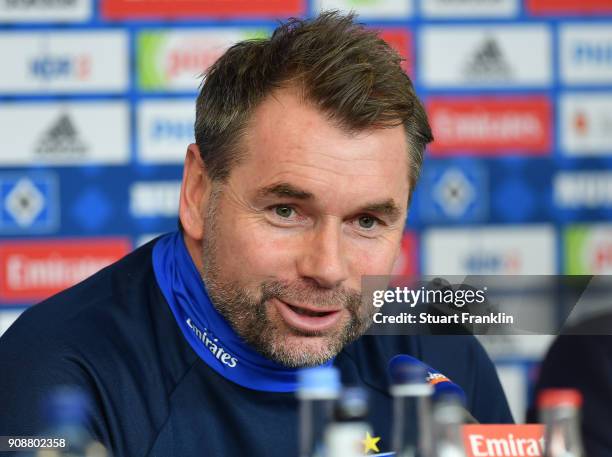 Bernd Hollerbach, new head coach of Hamburger SV talks to the media during a press conference of Hamburger SV at Volksparkstadion on January 22, 2018...