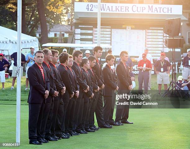 The Great Britain and Ireland Team at the closing ceremony after the final afternoon singles matches on the East Course at Merion Golf Club on...