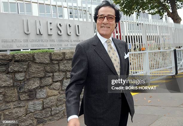 Egypt's Culture Minister Faruq Hosni poses on September 17, 2009 in Paris in front of the United Nations Educational, Scientific and Cultural...