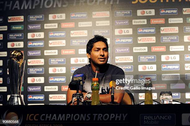 Sri Lanka captain Kumar Sangakkara speaks to the media during the ICC Champions Trophy captains' press conference at the Sandton Sun on September 17,...