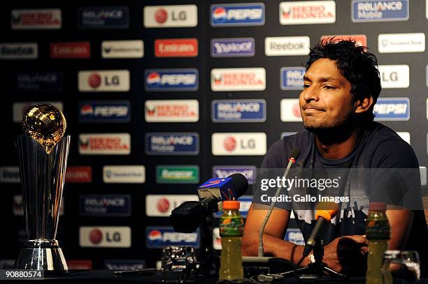 Sri Lanka captain Kumar Sangakkara speaks to the media during the ICC Champions Trophy captains' press conference at the Sandton Sun on September 17,...