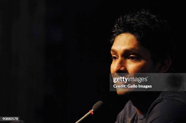 Sri Lanka captain Kumar Sangakkara speaks to the media during the ICC Champions Trophy captains' press conference at the Sandton Sun on September 17,...