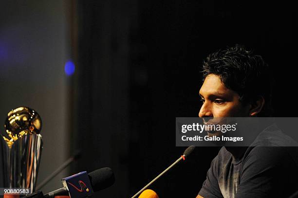 Sri Lanka captain Kumar Sangakkara speaks to the media during the ICC Champions Trophy captains' press conference at the Sandton Sun on September 17,...