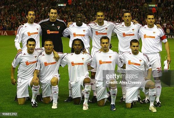 The Debrecen VSC players line up for a team photo prior to the UEFA Champions League Group E match between Liverpool and Debrecen VSC at Anfield on...