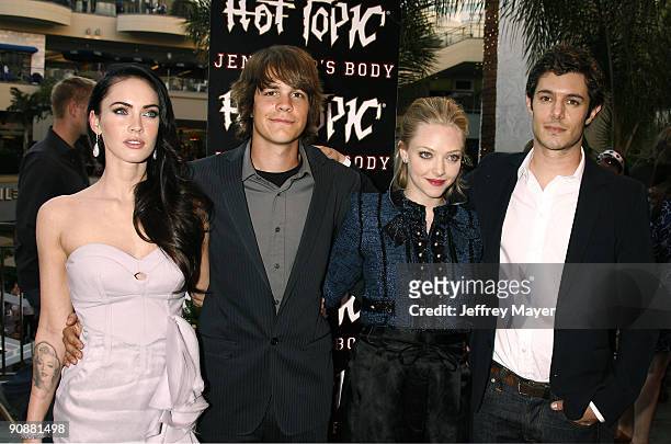 Actors Megan Fox, Johnny Simmons, Amanda Seyfried and Adam Brody arrive at "Jennifer's Body" Hot Topic Fan Event at Hot Topic on September 16, 2009...
