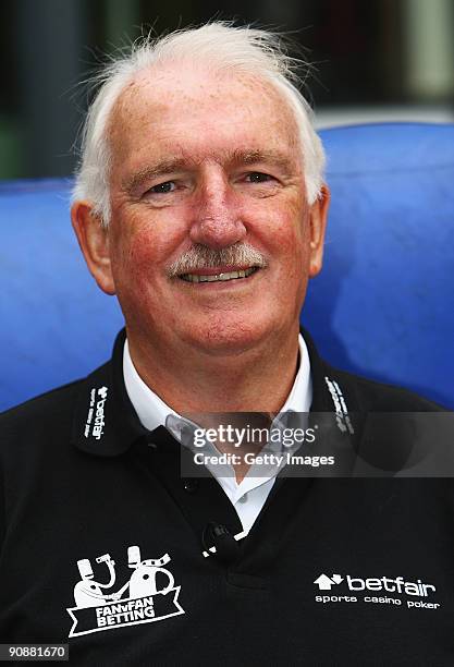 Manchester United legend Alex Stepney poses for a portrait as he referees the Betfair Manchester Derby photo call on September 17, 2009 in...