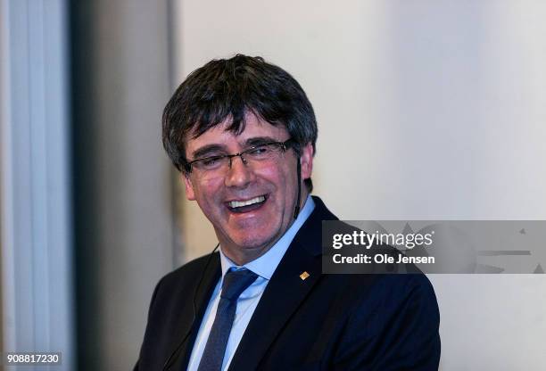 Spanish separatist leader Carles Puigdemont speaks at a conference at Copenhagen University, during his first visit outside Belgium since he went...