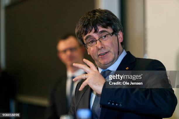 Spanish separatist leader Carles Puigdemont speaks at a conference at Copenhagen University, during his first visit outside Belgium since he went...