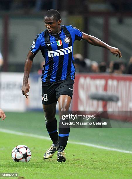 Samuel Eto'o of FC Inter Milan in action during the UEFA Champions League Group F match between FC Inter Milan and FC Barcelona at the Meazza Stadium...