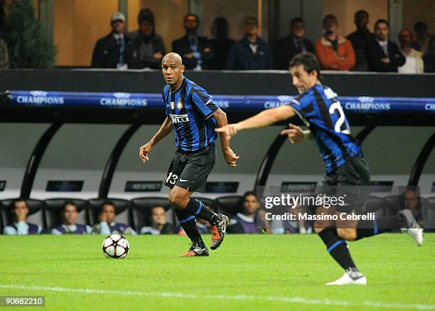 Maicon of FC Inter Milan in action during the UEFA Champions League Group F match between FC Inter Milan and FC Barcelona at the Meazza Stadium on...