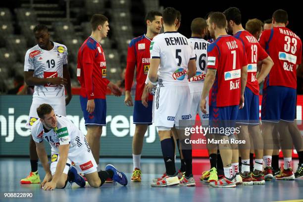 Kentin Mahe of France reacts during the Men's Handball European Championship main round match between Serbia and France at Arena Zagreb on January...