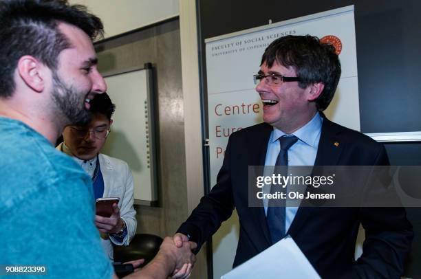 Spanish separatist leader Carles Puigdemont talks to audience at a conference at Copenhagen University, during his first visit outside Belgium since...