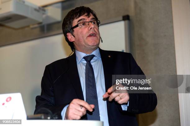 Spanish separatist leader Carles Puigdemont speaks at a conference at Copenhagen University, during his first visit outside Belgium since he went...