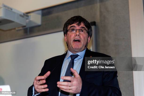 Spanish separatist leader Carles Puigdemont speaks at a conference at Copenhagen University, during his first visit outside Belgium since he went...