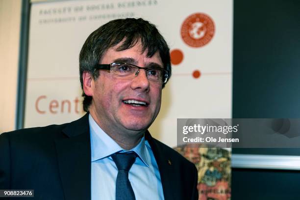 Spanish separatist leader Carles Puigdemont attends a conference at Copenhagen University, during his first visit outside Belgium since he went into...