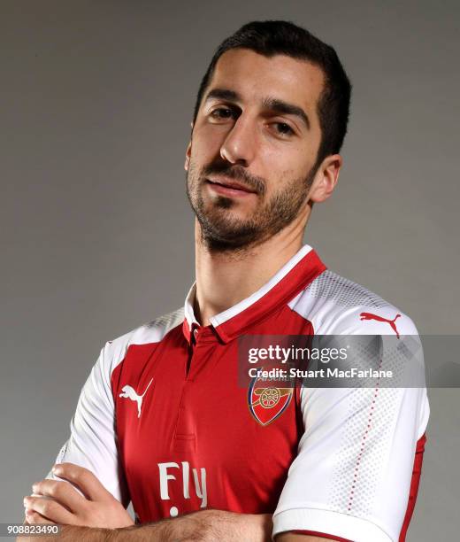 Arsenal Unveil New Signing Henrikh Mkhitaryan at London Colney on January 22, 2018 in St Albans, England.